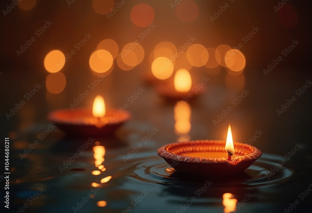 Radiant Diwali background with Diya's floating on water and reflected light effects Radiant Diwali background with Diya's floating on water and reflected light effects