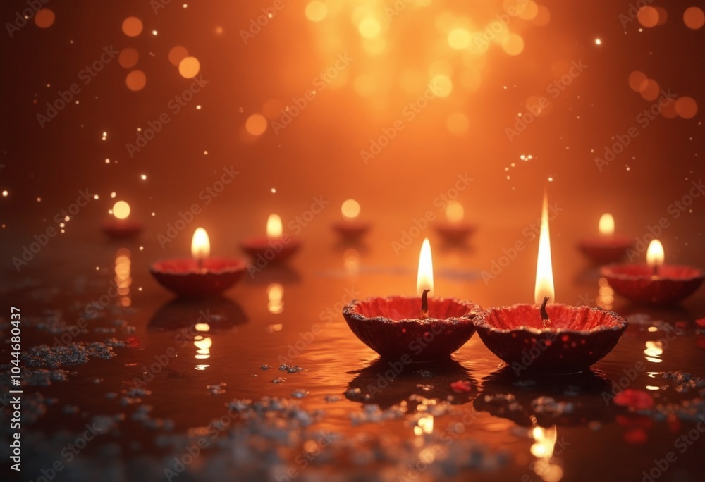 Radiant Diwali background with Diya's floating on water and reflected light effects Radiant Diwali background with Diya's floating on water and reflected light effects