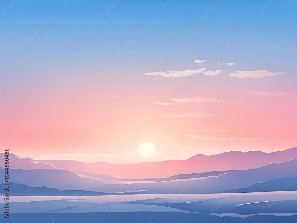 Obraz premium Illustration of a cold winter sunrise, represented by a minimalist gradient of soft pastel pinks and blues over a smooth, snow-covered horizon