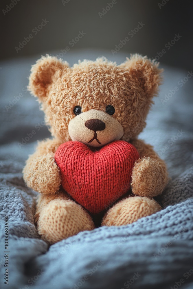 Cozy Teddy Bear Holding Red Heart on Soft Blue Blanket - Perfect for Valentine's Day, Love, and Childhood Memories Cozy Teddy Bear Holding Red Heart on Soft Blue Blanket - Perfect for Valentine's Day, Love, and Childhood Memories