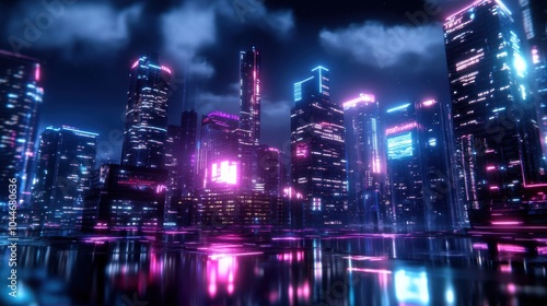 Wallpaper Mural Futuristic city skyline featuring vibrant holographic displays and innovative architecture at twilight. Torontodigital.ca