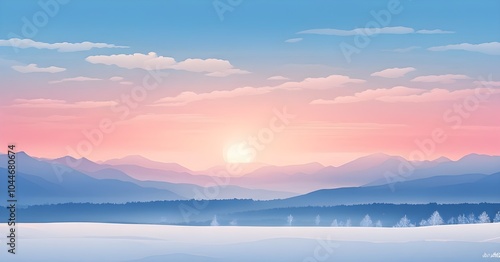 Wallpaper Mural Illustration of a cold winter sunrise, represented by a minimalist gradient of soft pastel pinks and blues over a smooth, snow-covered horizon Torontodigital.ca