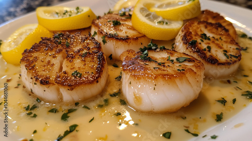 Golden seared scallops with lemon slices and garlic butter sauce