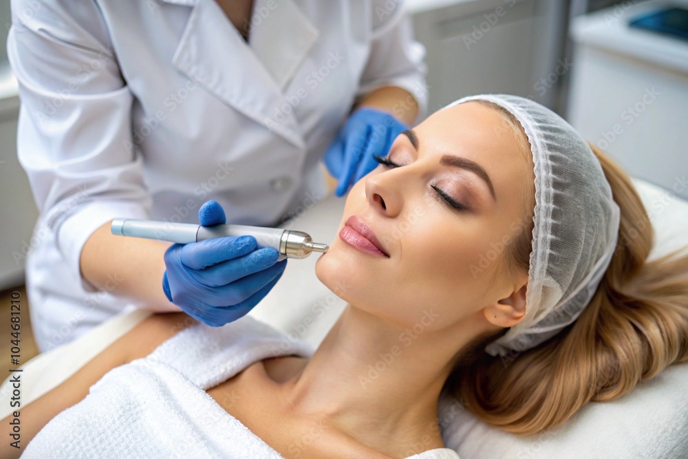 A woman is getting a facial treatment with a blue light A woman is getting a facial treatment with a blue light