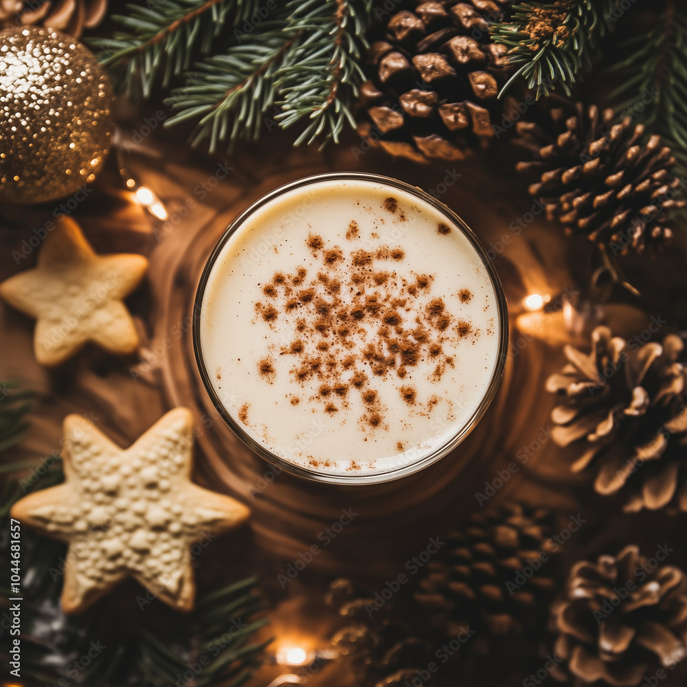 Eggnog with Cinnamon and Christmas Cookies in Festive Decor Eggnog with Cinnamon and Christmas Cookies in Festive Decor
