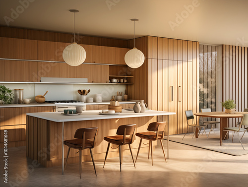Mid century modern style inspired kitchen with wood panneling. Natural materials interior. Kitchen with dining area and bronze accents.