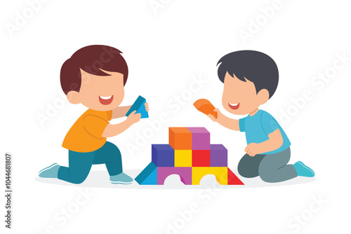 Happy kid boy playing a block toys together. Smiling excited children cartoon character with toy. vector illustration