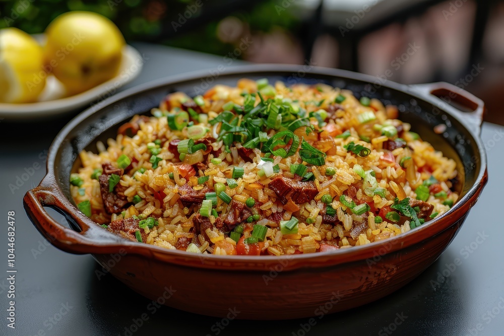 A dish of arroz carreteiro, a flavorful rice dish cooked with dried beef, tomatoes, onions, and herbs, garnished with green onions A dish of arroz carreteiro, a flavorful rice dish cooked with dried beef, tomatoes, onions, and herbs, garnished with green onions