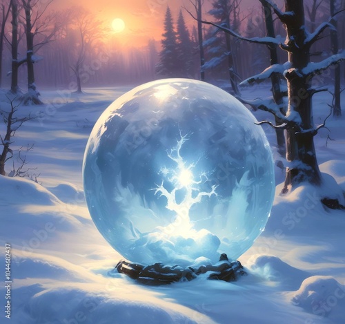 Illustration of frozen snowball with winter landscape