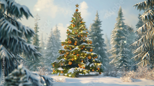 Beautiful Snow Covered Christmas Tree Decorated with Golden Ornaments in a Winter Forest