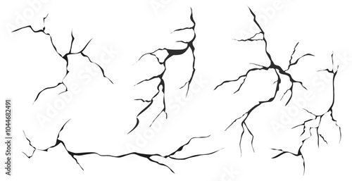 Cracked glass, wall, egg, fissures in ground top view. Set concrete, crevices from disaster, surface from earthquake, Ruined breaked land surface doodle, hand drawn