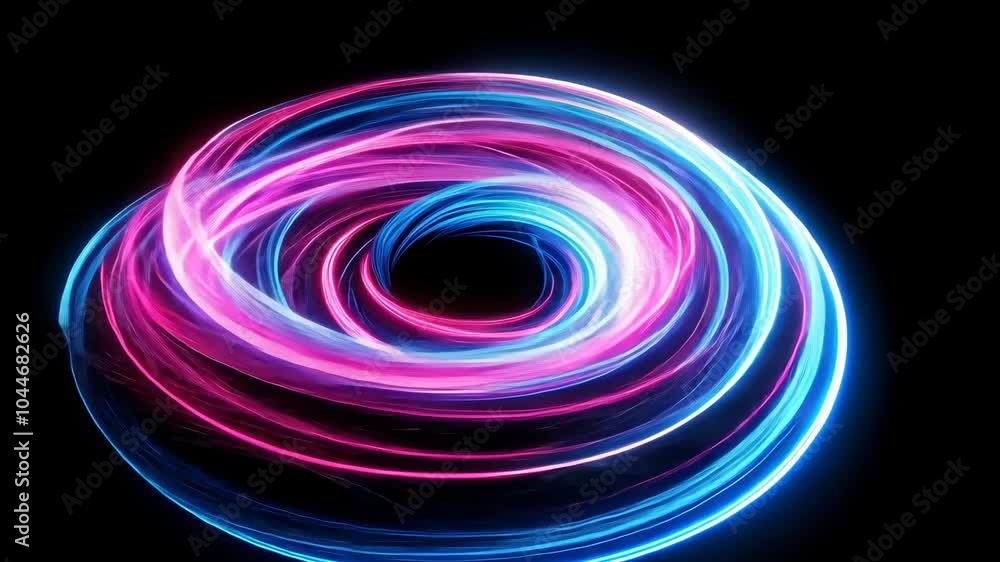 Vibrant neon light swirl on black background, abstract energy and motion concept Vibrant neon light swirl on black background, abstract energy and motion concept