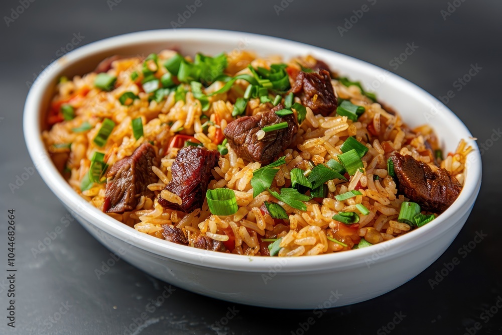 A dish of arroz carreteiro, a flavorful rice dish cooked with dried beef, tomatoes, onions, and herbs, garnished with green onions A dish of arroz carreteiro, a flavorful rice dish cooked with dried beef, tomatoes, onions, and herbs, garnished with green onions