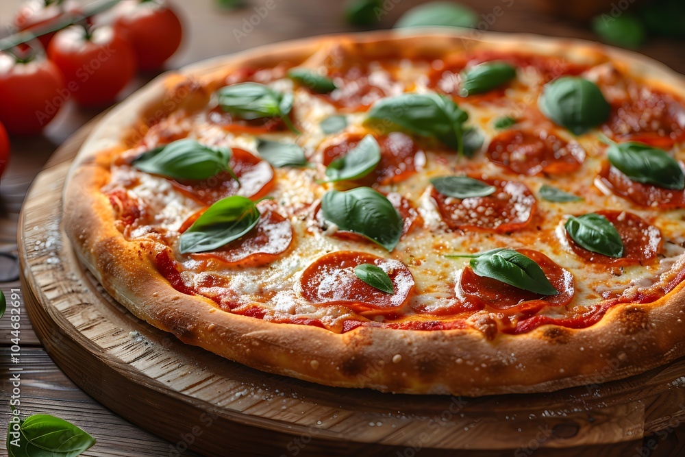 Delicious Pepperoni Pizza with Fresh Basil on Rustic Wooden Board Delicious Pepperoni Pizza with Fresh Basil on Rustic Wooden Board