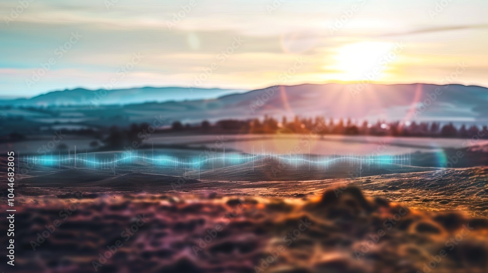 Fototapeta premium Sound waves radiating across a serene landscape, symbolizing the interconnectedness and harmony of natural and auditory elements.
