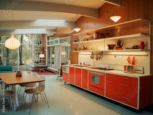 Mid century modern style inspired kitchen with wood panneling. Natural materials interior. Kitchen with dining area and red and bronze accents. photo