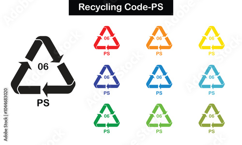 PS recycling code icon set showing plastic identification symbols for polystyrene material, used for recycling labels, waste sorting systems, packaging marks, and environmental awareness visuals.