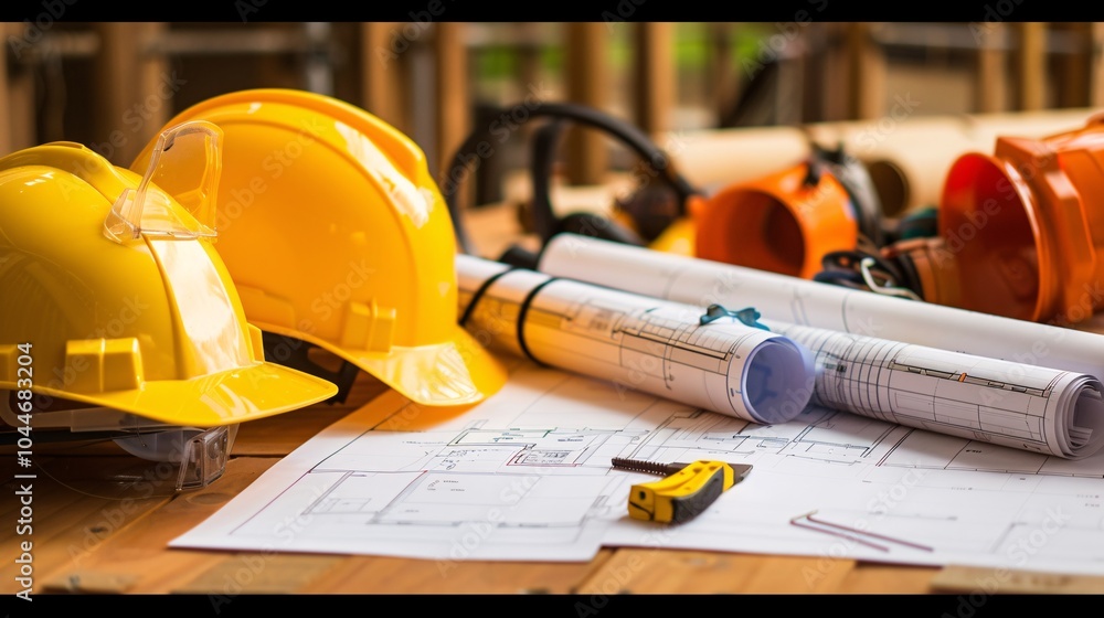 Construction Plans with Hard Hats and Tools Construction Plans with Hard Hats and Tools