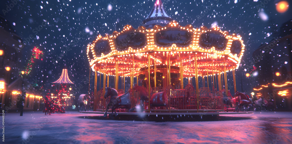 A festively decorated Christmas carousel with horses at a traditional Christmas market
A festively decorated Christmas carousel with horses at a traditional Christmas market