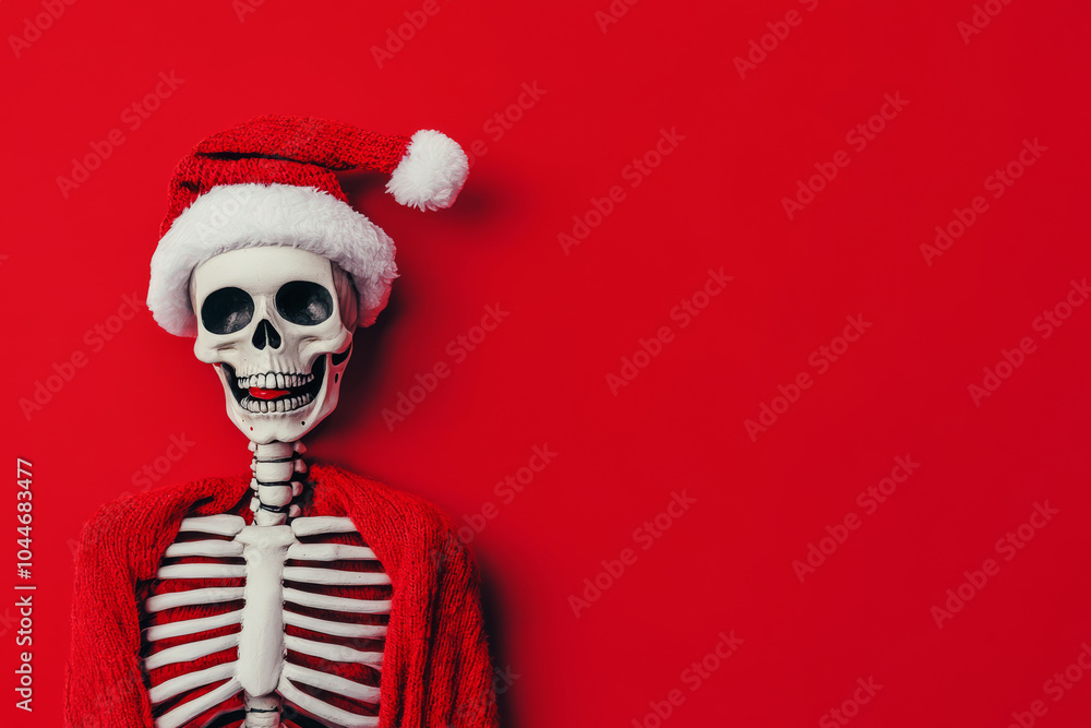 Naklejka premium Happy skeleton wearing festive Santa hat against bright red background with copy space. Christmas composition