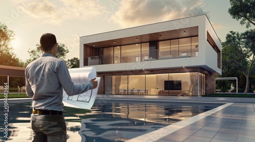 Architect reviewing blueprints by the pool of a modern home photo