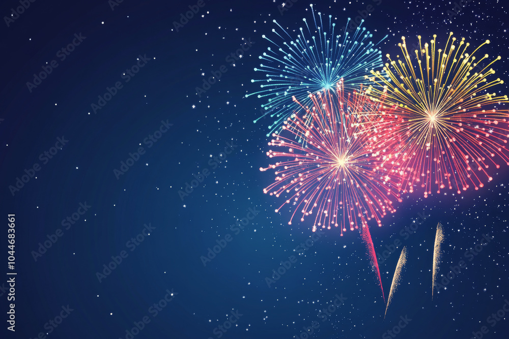 Fototapeta premium Festive firework in night sky. Vibrant colorful fireworks on dark background for celebrating holidays