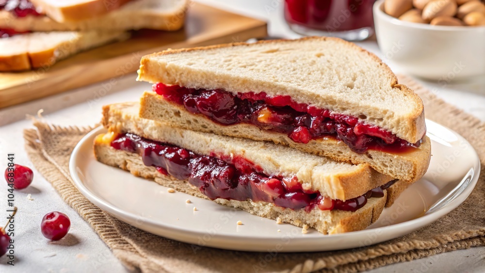 Delicious peanut butter and jelly sandwich on a plate with jelly, almonds, and a wooden board in the background Delicious peanut butter and jelly sandwich on a plate with jelly, almonds, and a wooden board in the background