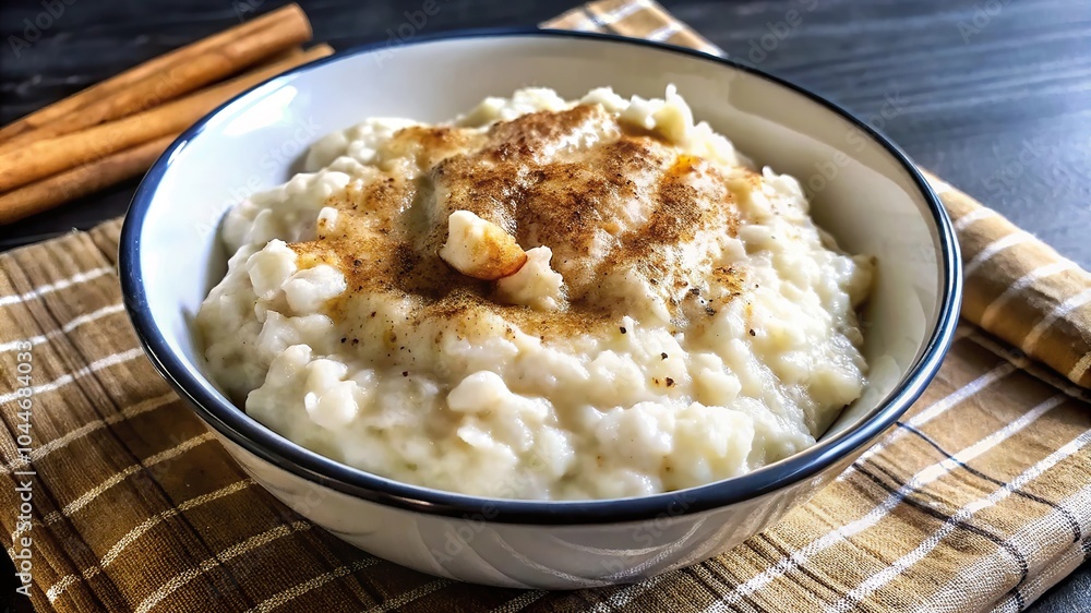 Delicious homemade rice pudding topped with cinnamon placed on a checkered cloth in a cozy kitchen setting Delicious homemade rice pudding topped with cinnamon placed on a checkered cloth in a cozy kitchen setting