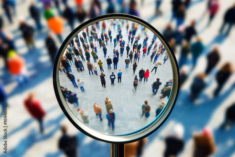 Magnifying glass focused on group of people at city street. Looking for person in crowd