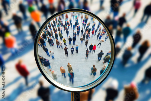 Magnifying glass focused on group of people at city street. Looking for person in crowd