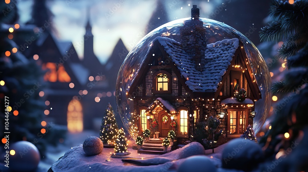 A Festive Snow Globe Featuring a Cozy House Surrounded by Holiday Lights and Snow A Festive Snow Globe Featuring a Cozy House Surrounded by Holiday Lights and Snow