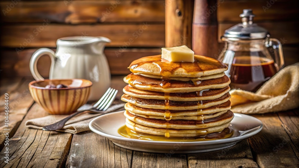 Indulge in a tall stack of fluffy pancakes topped with butter and dripping syrup, perfect for a cozy breakfast at home Indulge in a tall stack of fluffy pancakes topped with butter and dripping syrup, perfect for a cozy breakfast at home