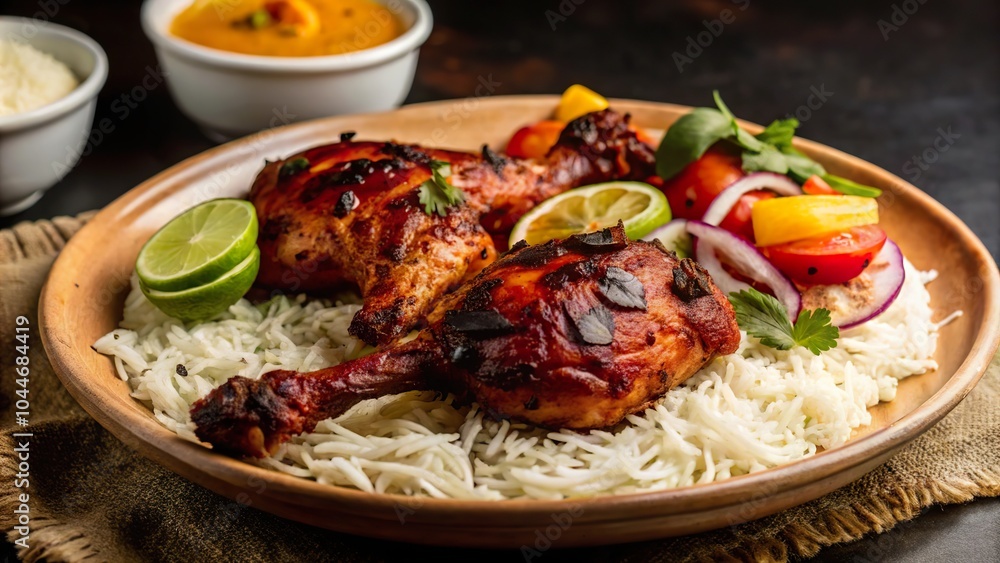 Fototapeta premium Deliciously grilled tandoori chicken served on fragrant basmati rice with fresh veggies and lime slices
