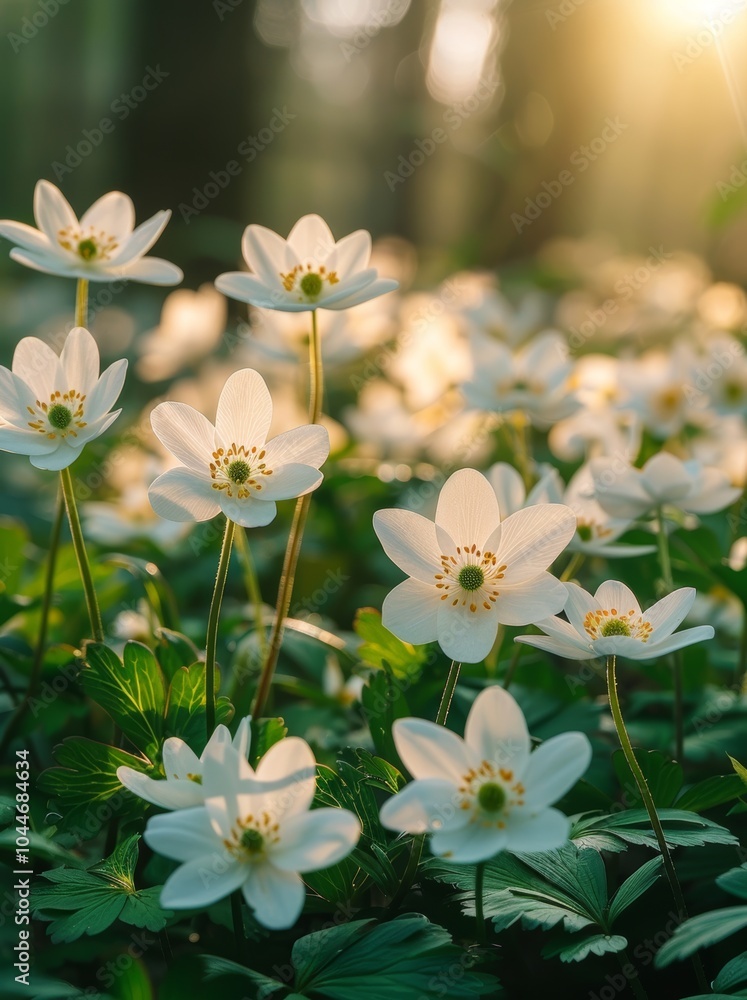 Sunlit anemone flowers blooming in forest clearing at dusk. Sunlit anemone flowers blooming in forest clearing at dusk.