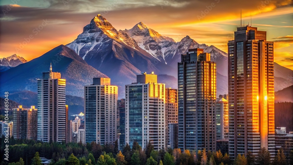 Naklejka premium Tall skyscrapers next to a mountain at sunset