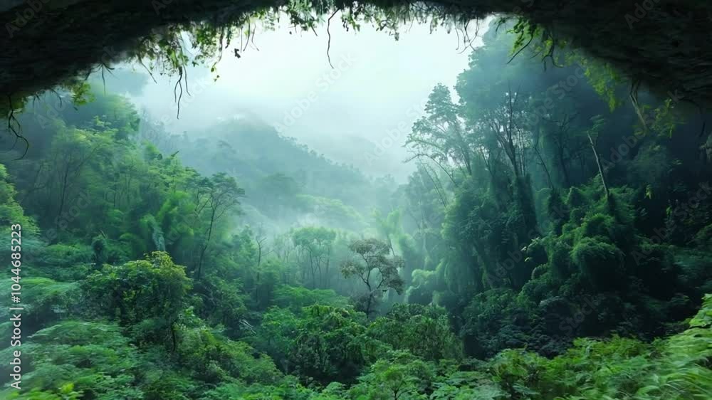 A breathtaking view through a cave opening reveals a misty rainforest filled with dense foliage and towering trees, creating a serene and enchanting atmosphere A breathtaking view through a cave opening reveals a misty rainforest filled with dense foliage and towering trees, creating a serene and enchanting atmosphere