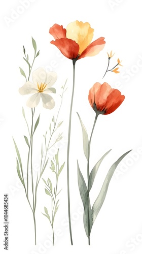 Wallpaper Mural A vibrant watercolor illustration featuring three flowers in red, orange, and white with delicate greenery. Torontodigital.ca