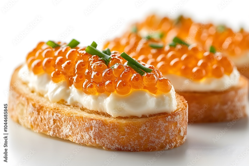 A gourmet appetizer featuring crisp bread topped with creamy spread and vibrant orange caviar, garnished with fresh chives. A gourmet appetizer featuring crisp bread topped with creamy spread and vibrant orange caviar, garnished with fresh chives.