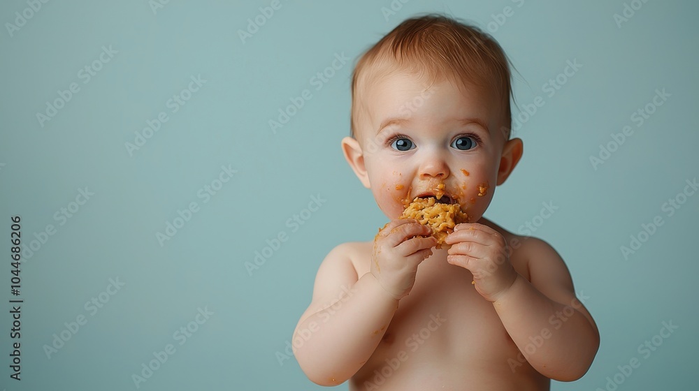 Happy baby enjoying cookie, expression of joy, soft colors, isolated background Happy baby enjoying cookie, expression of joy, soft colors, isolated background