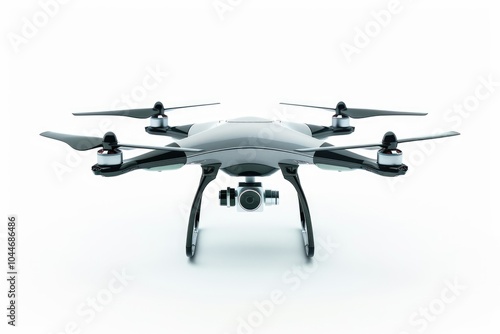 A black and silver drone isolated on a white background.