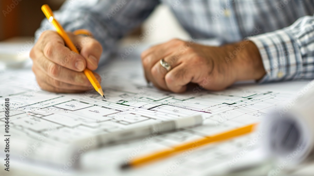 Architect Drawing Floor Plan with Pencil Architect Drawing Floor Plan with Pencil