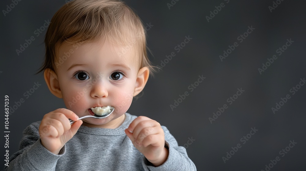 Cute baby eating with a spoon, focused expression, gray background. Cute baby eating with a spoon, focused expression, gray background.