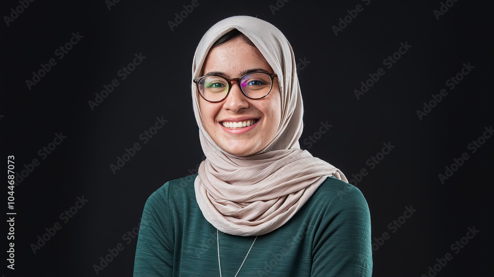A young woman with a kind smile wears a lightcolored hijab and glasses. She is dressed in a green shirt against a black background. A young woman with a kind smile wears a lightcolored hijab and glasses. She is dressed in a green shirt against a black background.