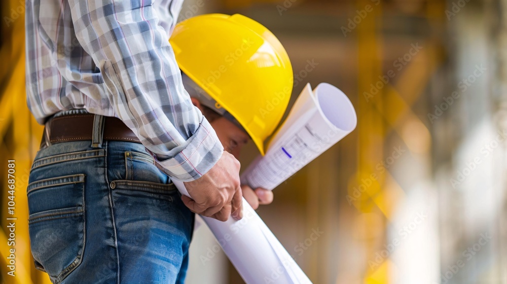 Construction Worker Reviewing Blueprints Construction Worker Reviewing Blueprints
