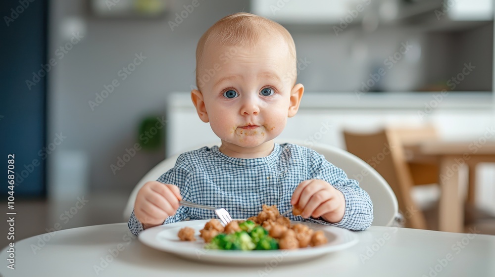 Cute baby enjoying a meal at a modern dining table. Cute baby enjoying a meal at a modern dining table.
