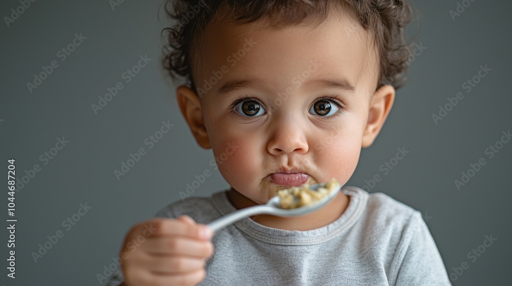 Cute baby eating food with a spoon, soft lighting, neutral background. Cute baby eating food with a spoon, soft lighting, neutral background.