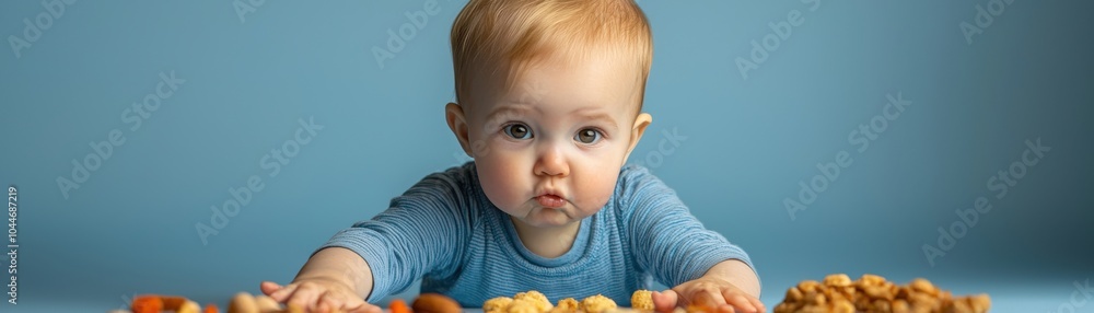 Curious baby exploring different nuts and fruits on a blue background. Curious baby exploring different nuts and fruits on a blue background.