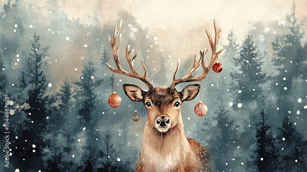 A reindeer in a snowy forest adorned with colorful ornaments. Generative AI. A reindeer in a snowy forest adorned with colorful ornaments. Generative AI.