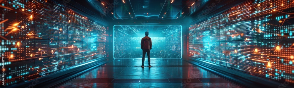 Man standing in a room with a lot of lights, banner, copy space