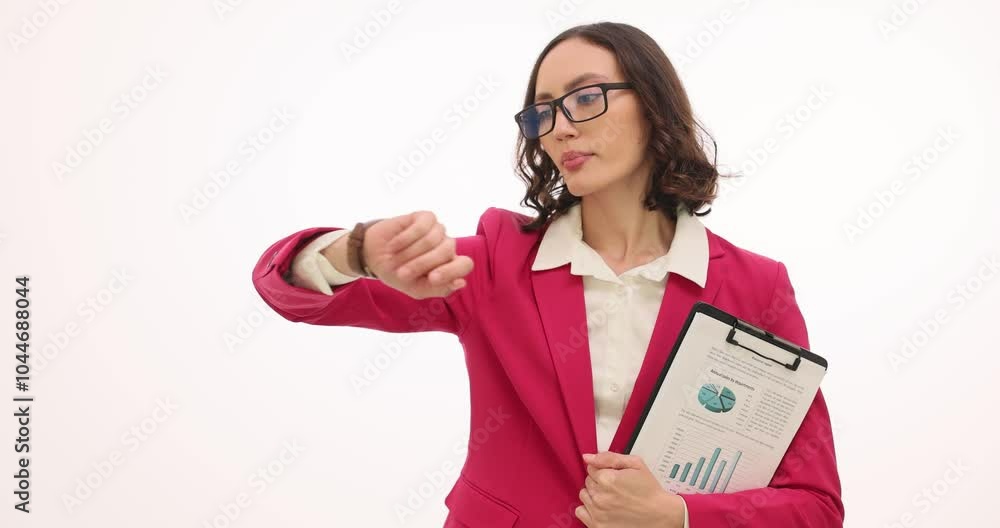 Woman manager checks time on wristwatch holding clipboard on white. Female worker expresses confusion with absence of invited guests at meeting Woman manager checks time on wristwatch holding clipboard on white. Female worker expresses confusion with absence of invited guests at meeting